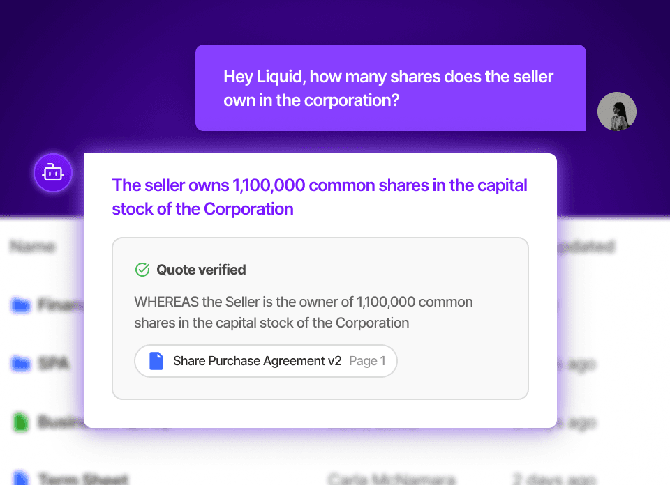Liquid Logo in centre of a Data Room, Task List, Contacts list and activity feed.